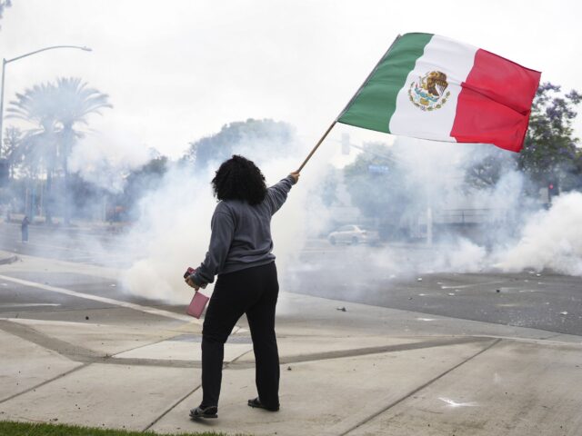 Mexican flag L.A. riots (Eric Thayer / Associated Press) A woman waves a Mexican flag amidst tear gas from law enforcement during a protest in Para