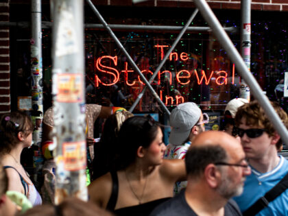 Attendees outside the Stonewall Inn during the NYC Pride March in New York, US, on Sunday,