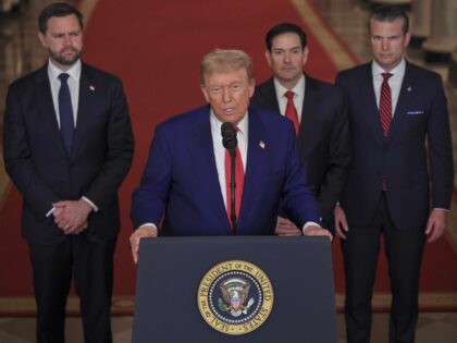 President Donald Trump speaks from the East Room of the White House in Washington, Saturda