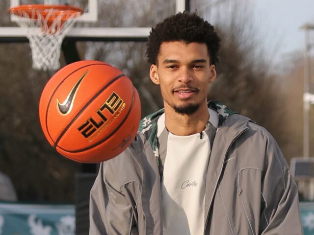 Victor Wembanyama San Antonio Spurs' French forward-centre Victor Wembanyama throws a basketball during the