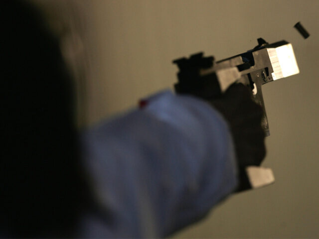 Munkhbayar Dorjsuren of Germany shoots during the women's 25 metre pistol qualifying