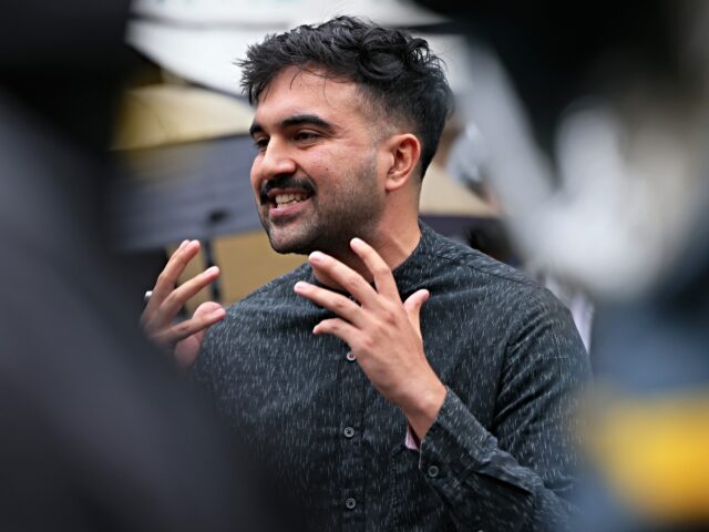NEW YORK, NEW YORK - OCTOBER 13: Assemblymember Zohran Mamdani speaks as people gather for