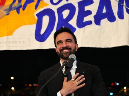 New York mayoral candidate, State Rep. Zohran Mamdani (D-NY) speaks to supporters during a