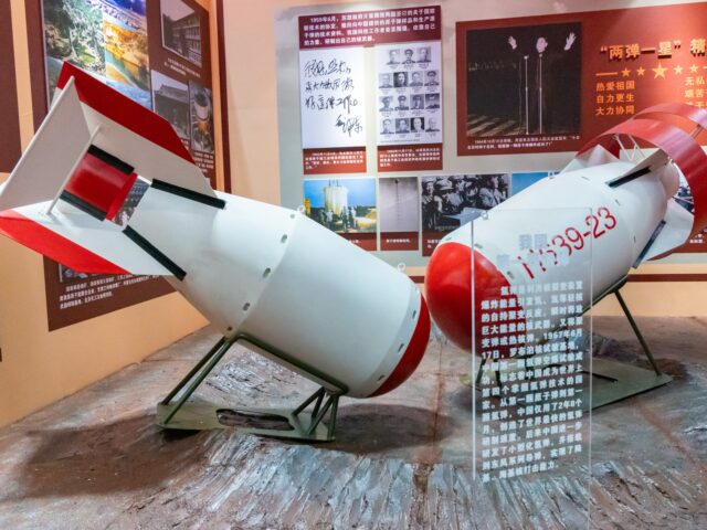 china nuclear CHONGQING, CHINA - MARCH 29, 2025 - A model of China's first hydrogen bomb is displayed at