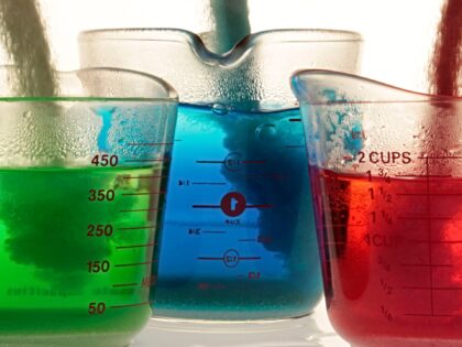 Jell-O brand gelatin mix containing food dye is added to hot water in the first step to ma