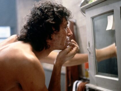 American actor Jeff Goldblum on the set of The Fly, directed by David Cronenberg. (Photo b