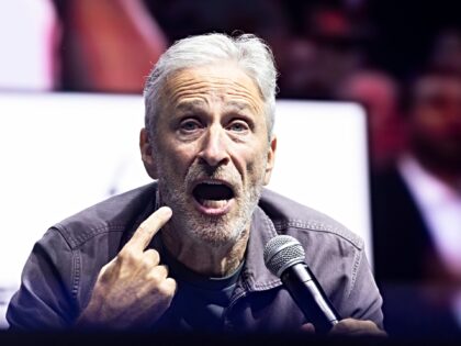 NEW YORK, NEW YORK - SEPTEMBER 07: John Stewart reacts during the Roommates Show Block Par