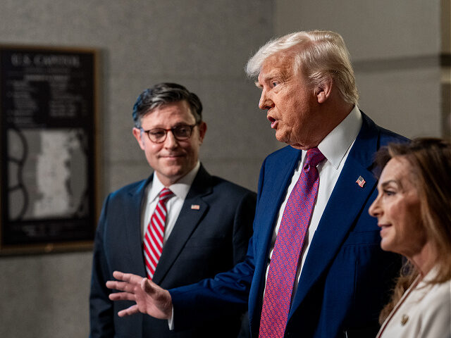 President Donald Trump Speaker of the House Mike Johnson speak to members of the media at