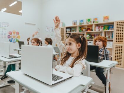 students working on laptops in class