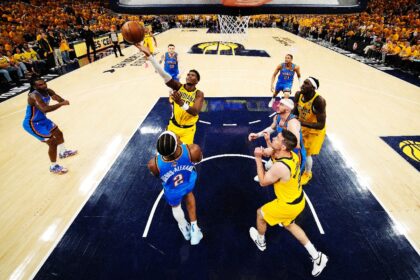 Bennedict Mathurin of the Indiana Pacers shoots the ball over Oklahoma City's Shai Gilgeou