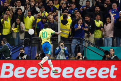 Brazil forward Vinicius Jr celebrates after scoring the goal that fired the five-time worl