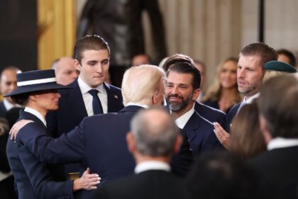 Donald Trump celebrates with First Lady Melania Trump, Barron Trump, Donald Trump Jr. and