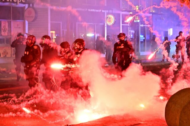 In downtown LA's Little Tokyo neighborhood, dozens of protesters faced off with security o