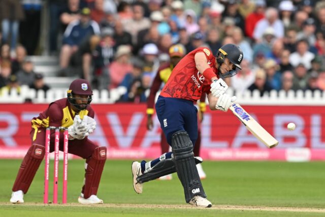 England's Jacob Bethell hits a boundary during the second T20 against the West Indies in B