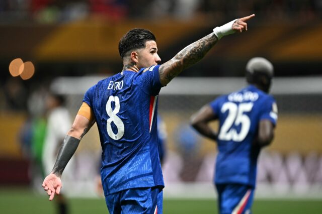 Enzo Fernandez celebrates after scoring Chelsea's second goal against Los Angeles FC on Mo