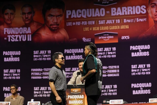 Filipino boxing legend Manny Pacquiao (left) faces off against WBC welterweight champion M