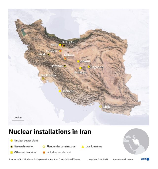 Infographic with a map of Iran showing nuclear sites, reactors and uranium mines