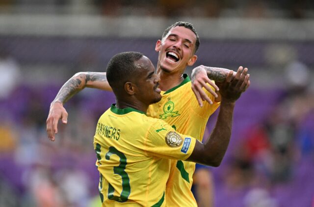 Iqraam Rayners celebrates with Brazilian teammate Arthur Sales after scoring for Mamelodi