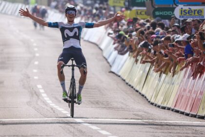 Ivan Romeo celebrates as he crosses the finish line to win the third stage of the 77th edi