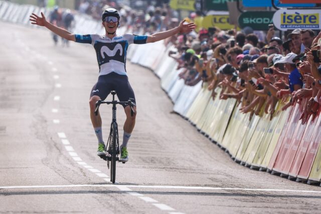 Ivan Romeo celebrates as he crosses the finish line to win the third stage of the 77th edi