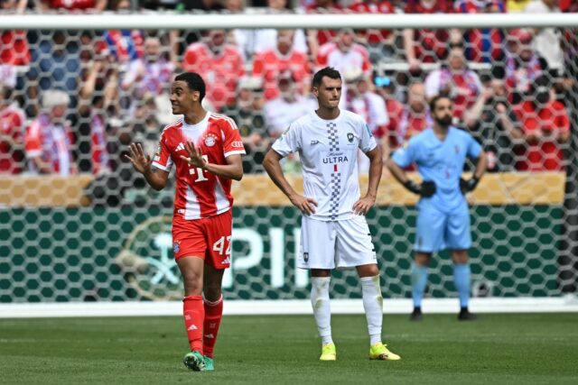 Jamal Musiala (L) hit a hat-trick as Bayern Munich beat Auckland City 10-0 at the Club Wor