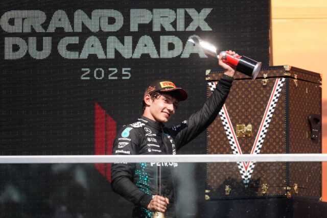 Kimi Antonelli celebrates his first career F1 podium at the age of just 18