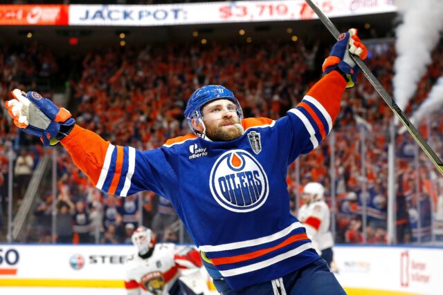 Leon Draisaitl of the Edmonton Oilers celebrates after scoring the game-winning goal in ov