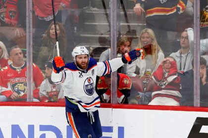 Leon Draisaitl of the Edmonton Oilers celebrates after scoring the game-winning overtime g