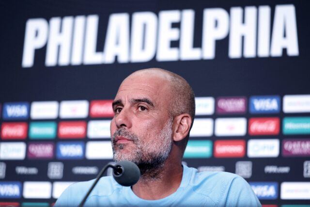Manchester City coach Pep Guardiola speaks to reporters in Philadelphia on Tuesday