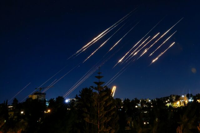 Missiles fired from Iran in the night sky over Jerusalem