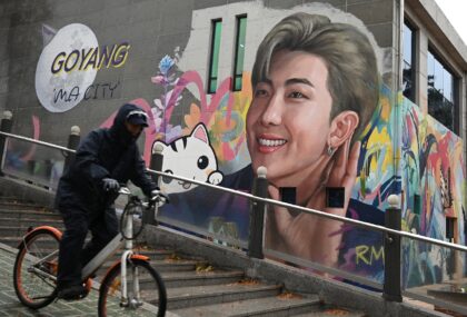 A mural in Goyang shows BTS band leader RM who, along with singer V, will be discharged af
