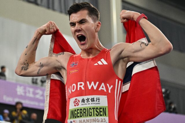 Norway’s Jakob Ingebrigtsen celebrates after winning the world indoor 1,500m