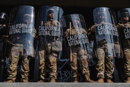 Members of the California National Guard stationed outside of the Edward Roybal Federal Bu