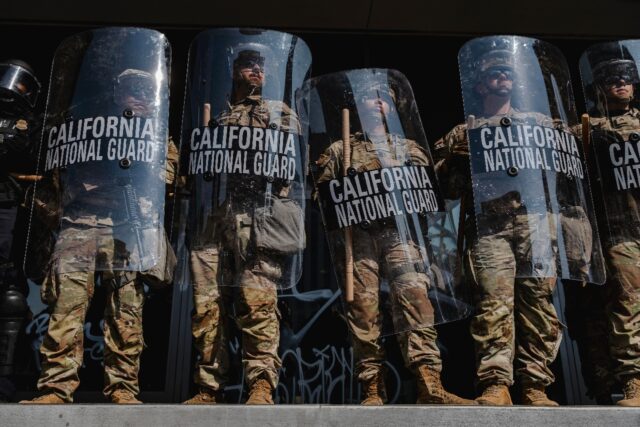 Members of the California National Guard stationed outside of the Edward Roybal Federal Bu