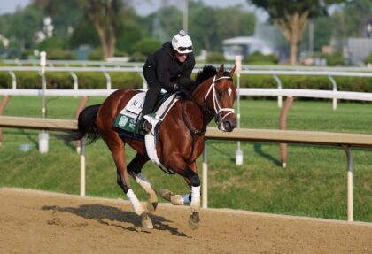 Preakness winner Journalism trains on in preparation for the 157th Belmont Stakes at Sarat