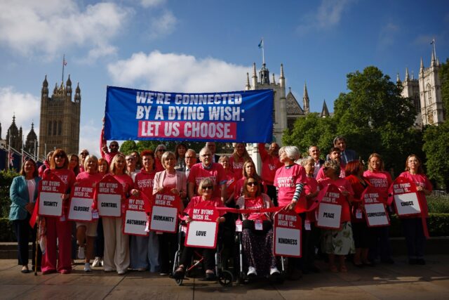 Pro-euthanasia campaigners made their voices heard outside parliament Pro-euthanasia campaigners made their voices heard outside parliament