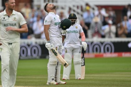 South Africa's Aiden Markram celebrates after reaching his century in the World Test Champ