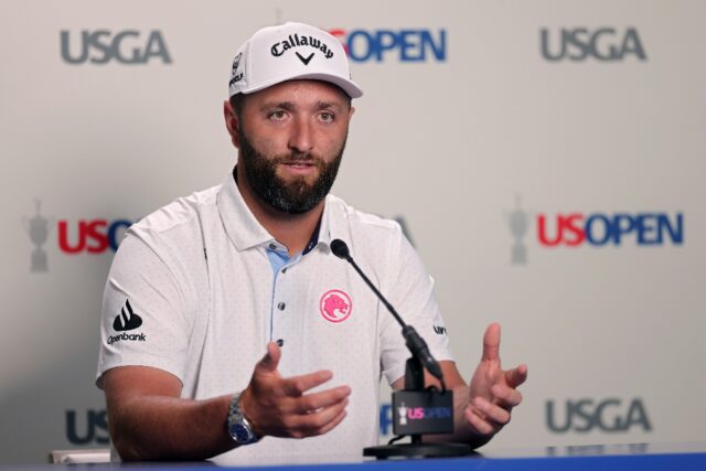 Two-time major winner Jon Rahm of Spain speaks before a practice round ahead of the 125th
