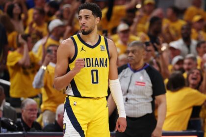 Tyrese Haliburton of the Indiana Pacers reacts during the last minute of the Pacers' victo