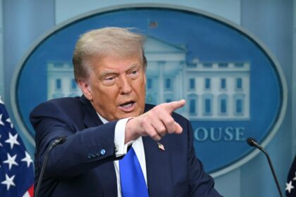 US President Donald Trump takes questions during a news conference in the Brady Briefing R