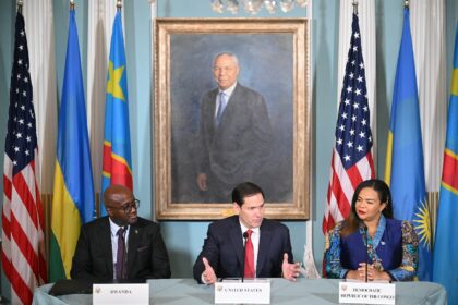 US Secretary of State Marco Rubio speaks during a peace agreement signing ceremony between