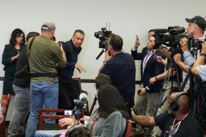 US Senator Alex Padilla was bundled from the room after trying to ask Homeland Security Se