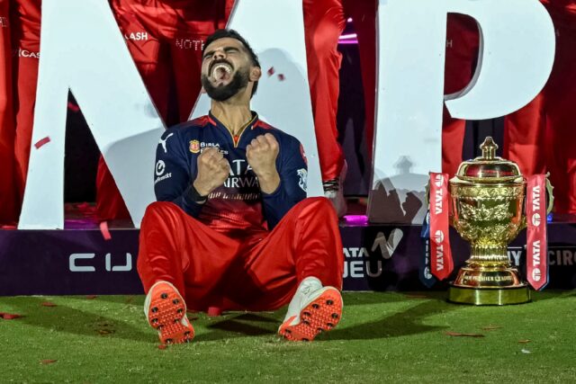 Virat Kohli celebrates finally winning the IPL