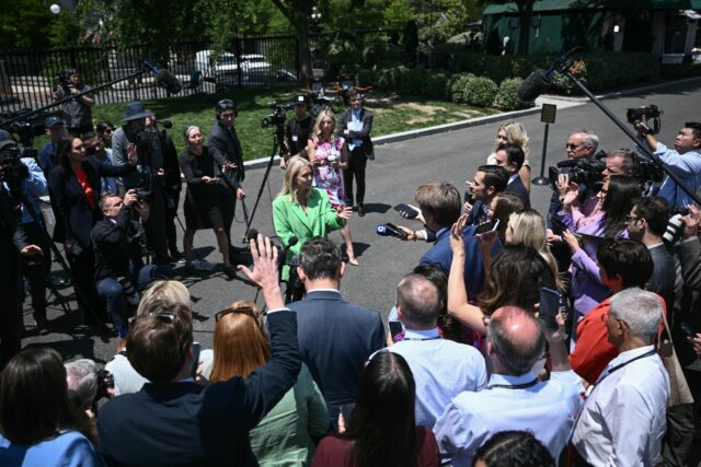 White House Press Secretary Karoline Leavitt speaks to reporters outside the White House i