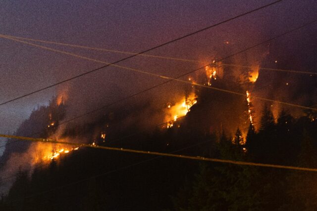 A wildfire burning in Squamish, British Columbia, Canada on June 10, 2025