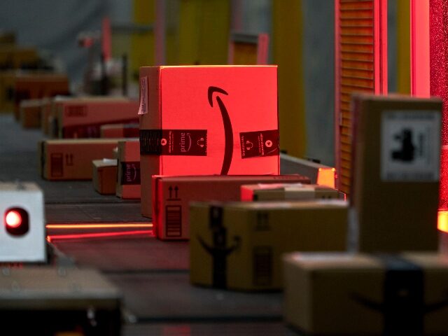 Amazon packages on a conveyer belt