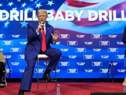 Republican presidential nominee former President Donald Trump speaks at a campaign town ha