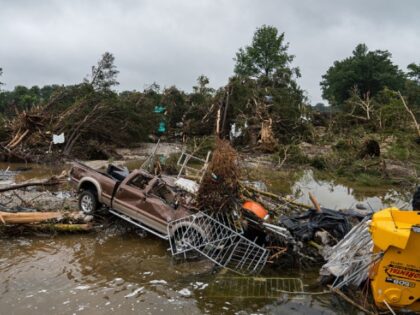 KERRVILLE, TEXAS - JULY 05: Flood waters left debris including vehicles and equipment scat