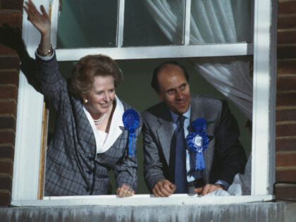 British Prime Minister Margaret Thatcher with Conservative Party chairman Norman Tebbit on