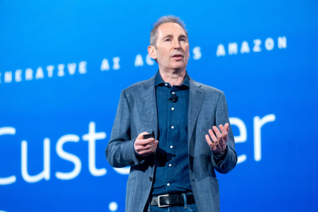 LAS VEGAS, NEVADA - DECEMBER 3: Amazon CEO Andy Jassy speaks during a keynote address at A